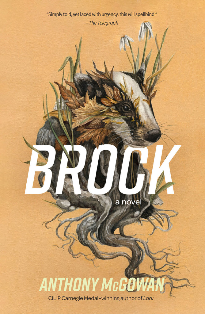 Book cover of 'Brock' by Anthony McGowan with a badger illustration on a beige background. Illustrated by Christina Mrozik 