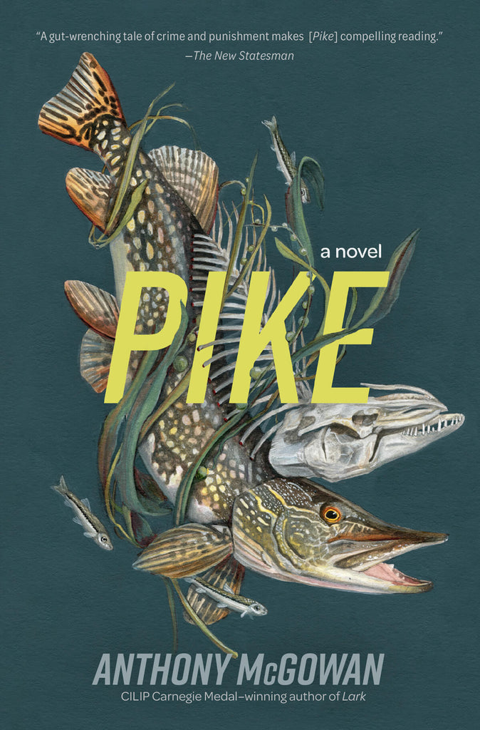 Book cover of 'Pike' by Anthony McGowan with illustrations of pike on a dark background. Illustrated by Christina Mrozik