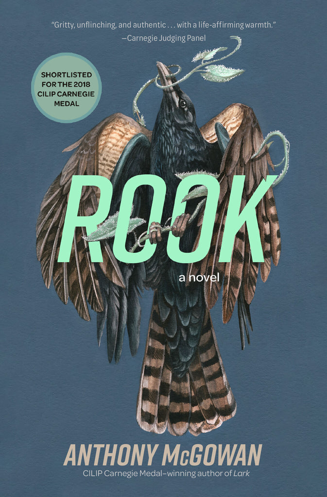 Book cover of 'Rook' by Anthony McGowan with a stylized illustration of a rook and green text on a blue background. Illustrated by Christina Mrozik 