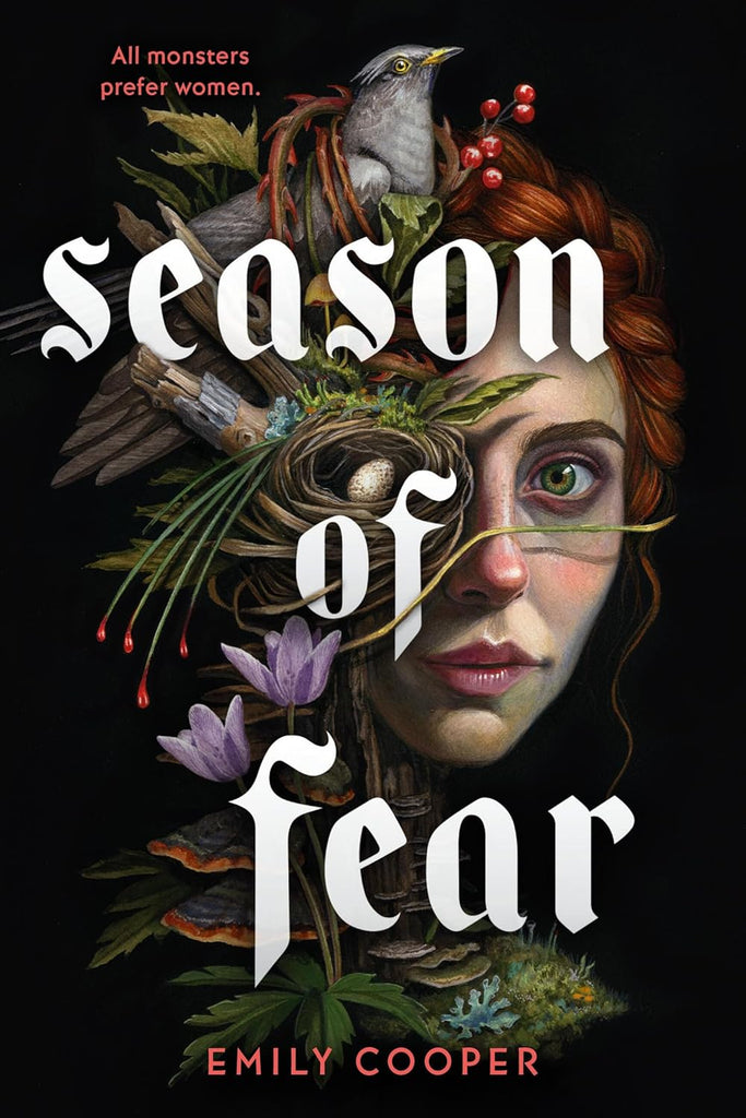 Book cover of 'Season of Fear' by Emily Cooper with a stylized face, birds, and nature elements on a dark background. Illustrated by Christina Mrozik