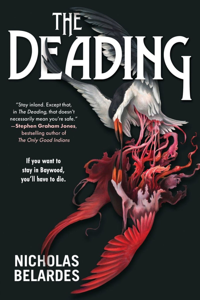 Book cover of 'The Deading' by Nicholas Belardes with a stylized bird and text on a dark background. Illustrated by Christina Mrozik. 