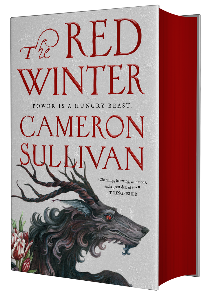 Book titled 'The Red Winter' by Cameron Sullivan with a red spine and dragon illustration on a white background illustrated by Christina Mrozik