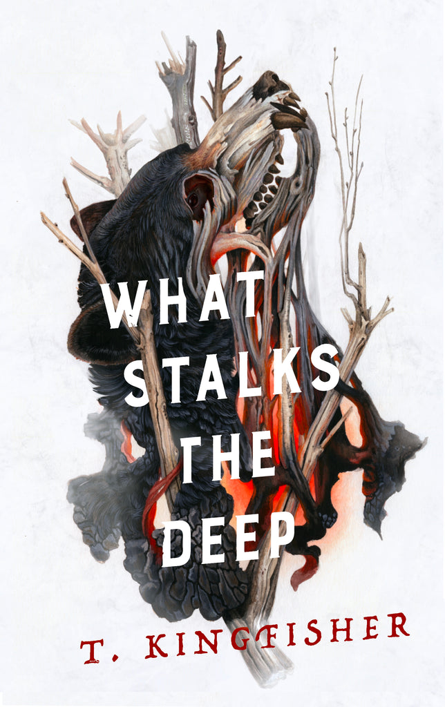 Book cover of 'What Stalks the Deep' by T. Kingfisher with a wolf and branches design. Illustrated by Christina Mrozik 