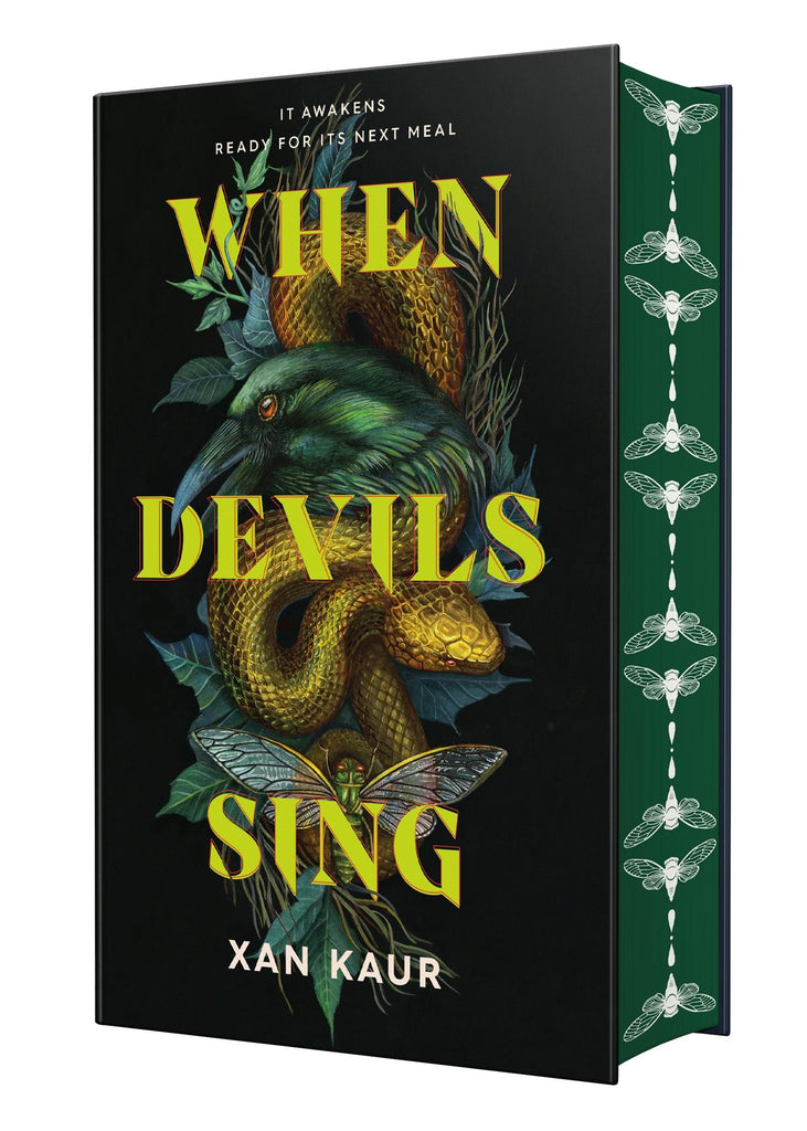 Book cover of 'When Devils Sing' by Xan Kaur with a snake and leaf design on a black background. Illustrated by Christina Mrozik 