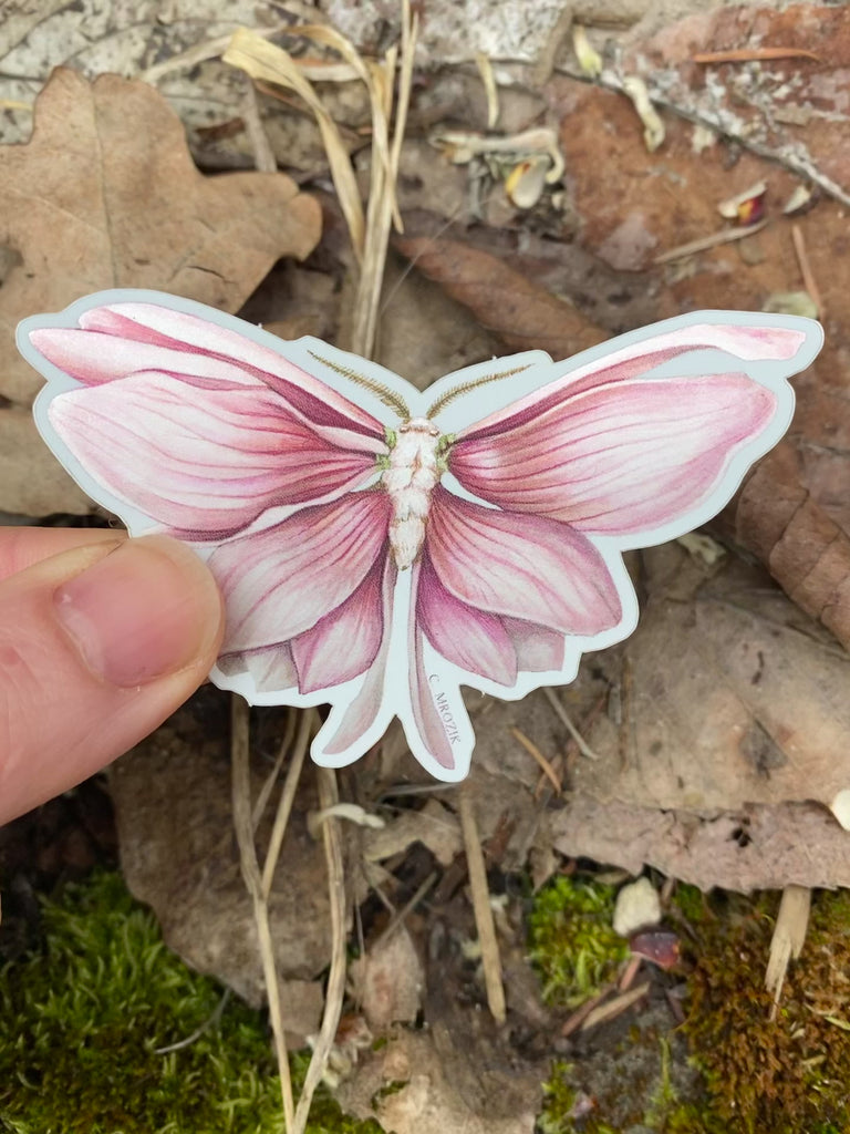 Small sticker of a moth with shimmering pink magnolia petals for wings.