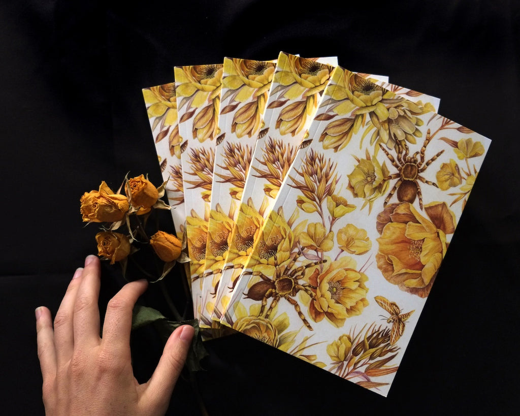 Blank notebook with repeating pattern of yellow flowers and tarantulas.