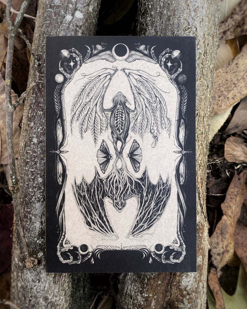 Set of five black and white greeting cards with tarot style illustrations of bats, herons, crabs, hearts, and snakes.