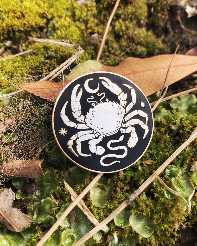 Small black enamel pin with gold-plated crab, moon, and snake design.