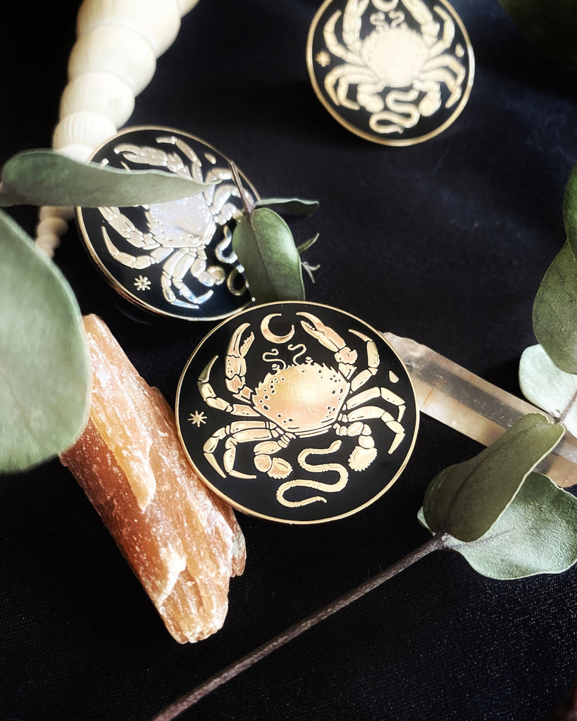 Small black enamel pin with gold-plated crab, moon, and snake design.