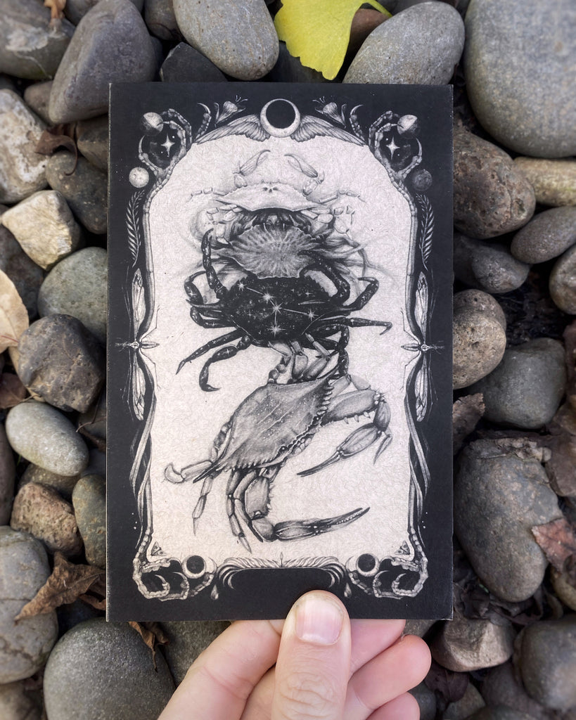 Set of five black and white greeting cards with tarot style illustrations of bats, herons, crabs, hearts, and snakes.