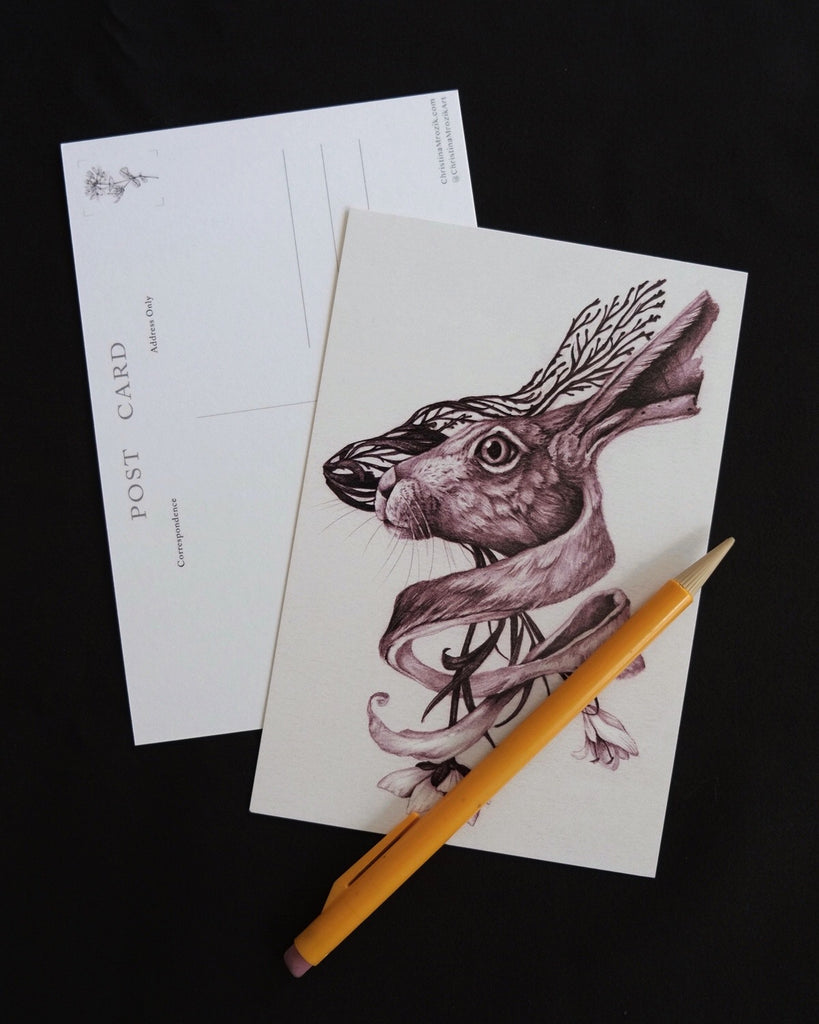 Book of postcards with rabbit, hawk, owl, lion, and floral designs in various colors.