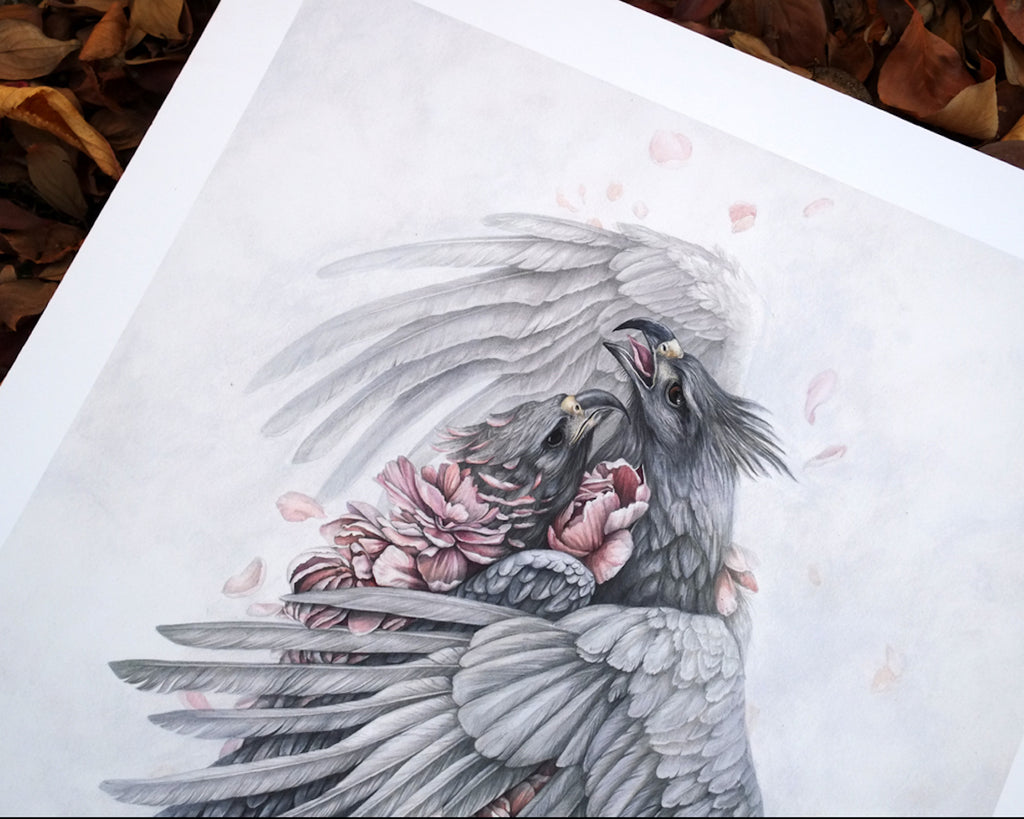 Art print of two gray harpy eagles embracing surrounded by pink peony petals.