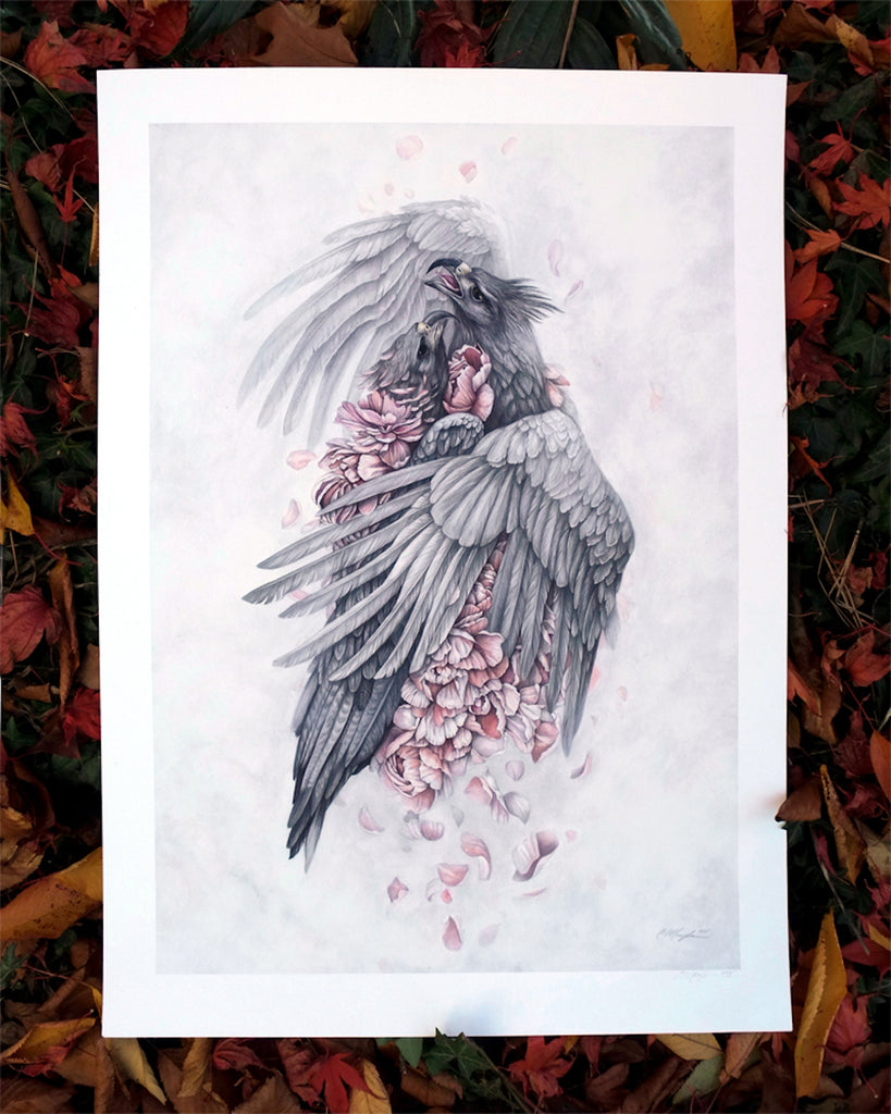 Art print of two gray harpy eagles embracing surrounded by pink peony petals.