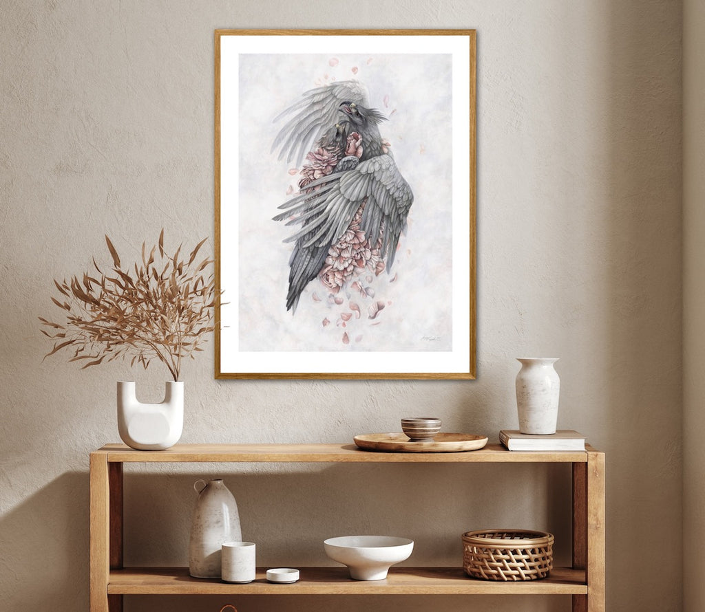 Art print of two gray harpy eagles embracing surrounded by pink peony petals.