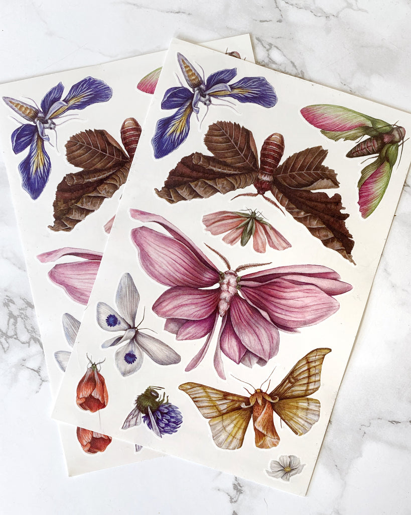 A temporary tattoo sheet of colorful butterflies and moths with flower petals for wings.