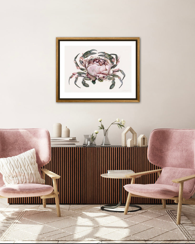 Art print of a gray crab with a large pink peony for a shell.