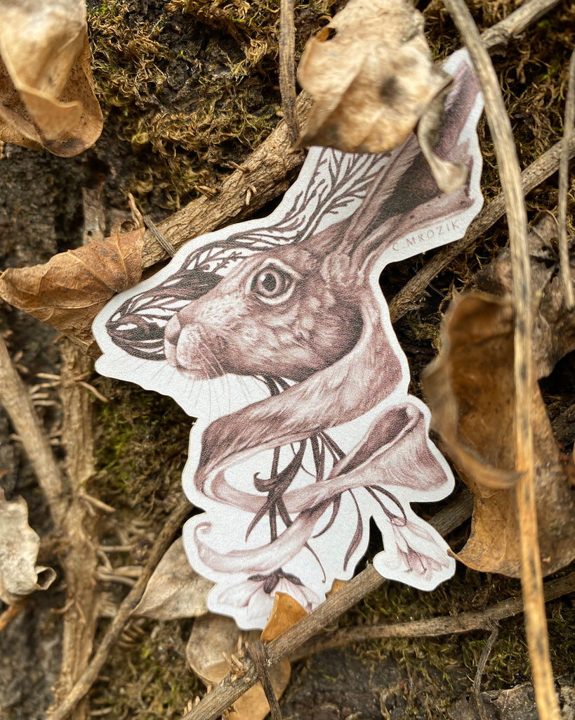 Small matte sticker with a sepia tone rabbit head intertwined with flower roots on a white background.