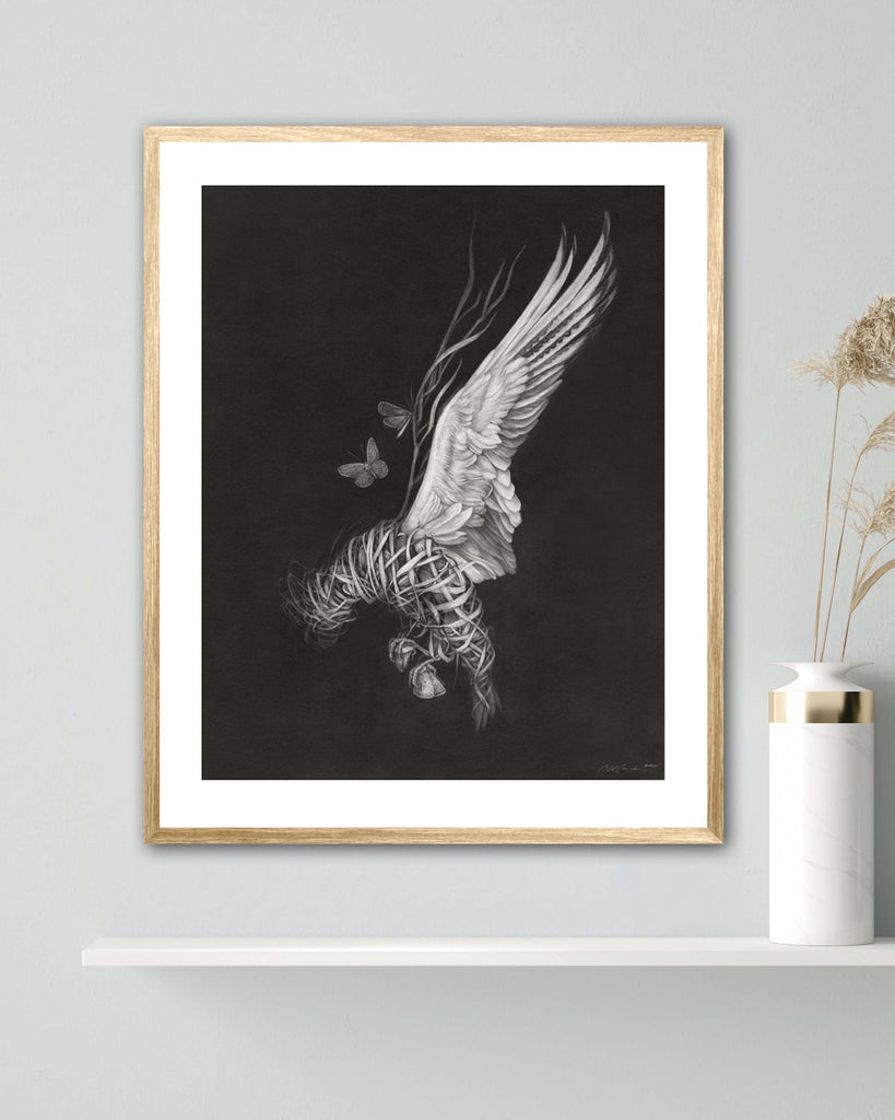 Art print of a graphite drawing of a bird made of braided grass and moth wings on a black background.