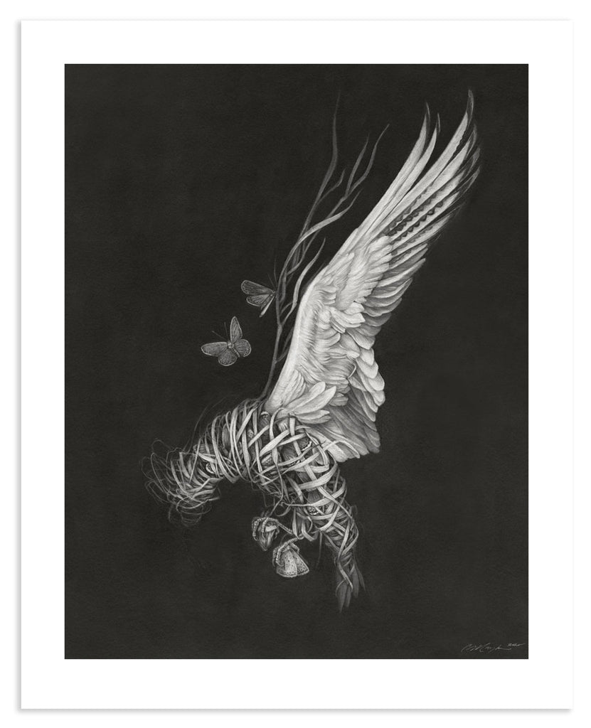 Art print of a graphite drawing of a bird made of braided grass and moth wings on a black background.