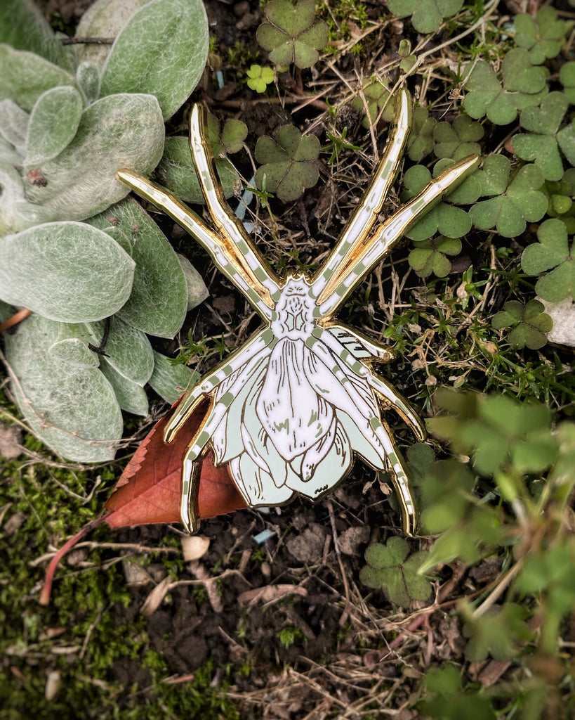 Gold plated enamel pin of a white orb weaver spider with a green flower growing from its back.