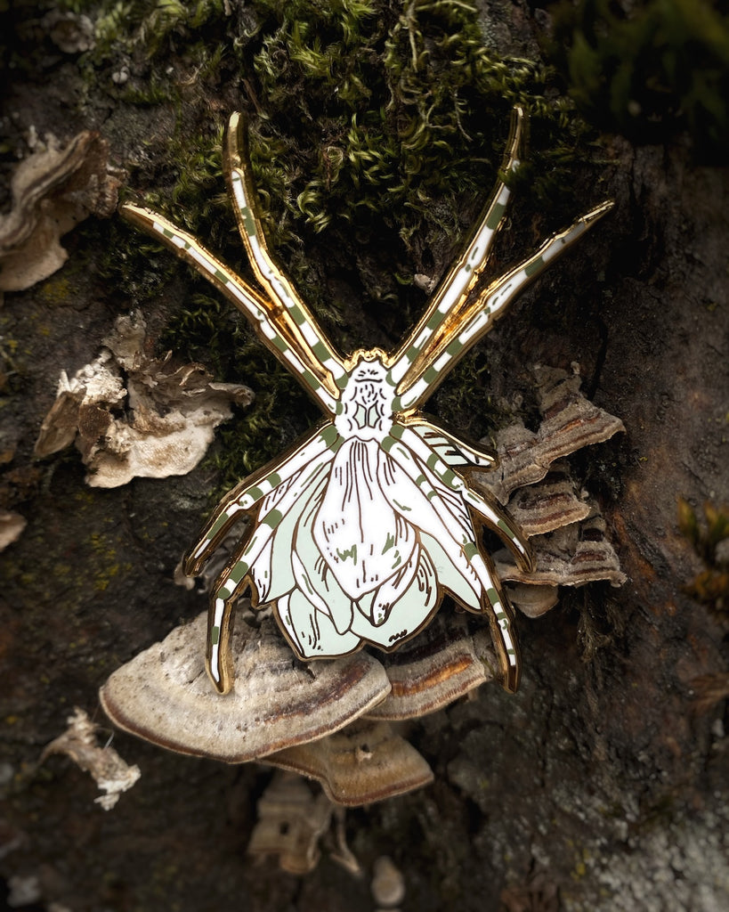 Gold plated enamel pin of a black orb weaver spider with a pink flower growing from its back.