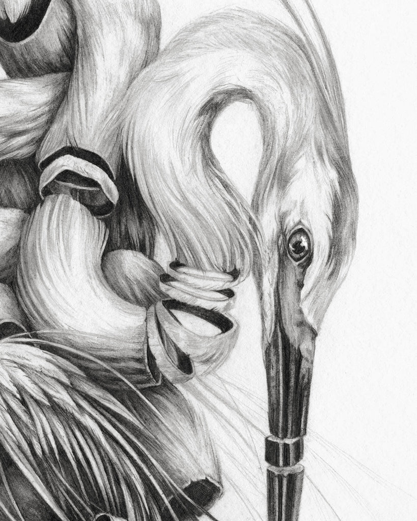 Art print of a graphite drawing of an abstracted heron split into pieces and knotted around itself.