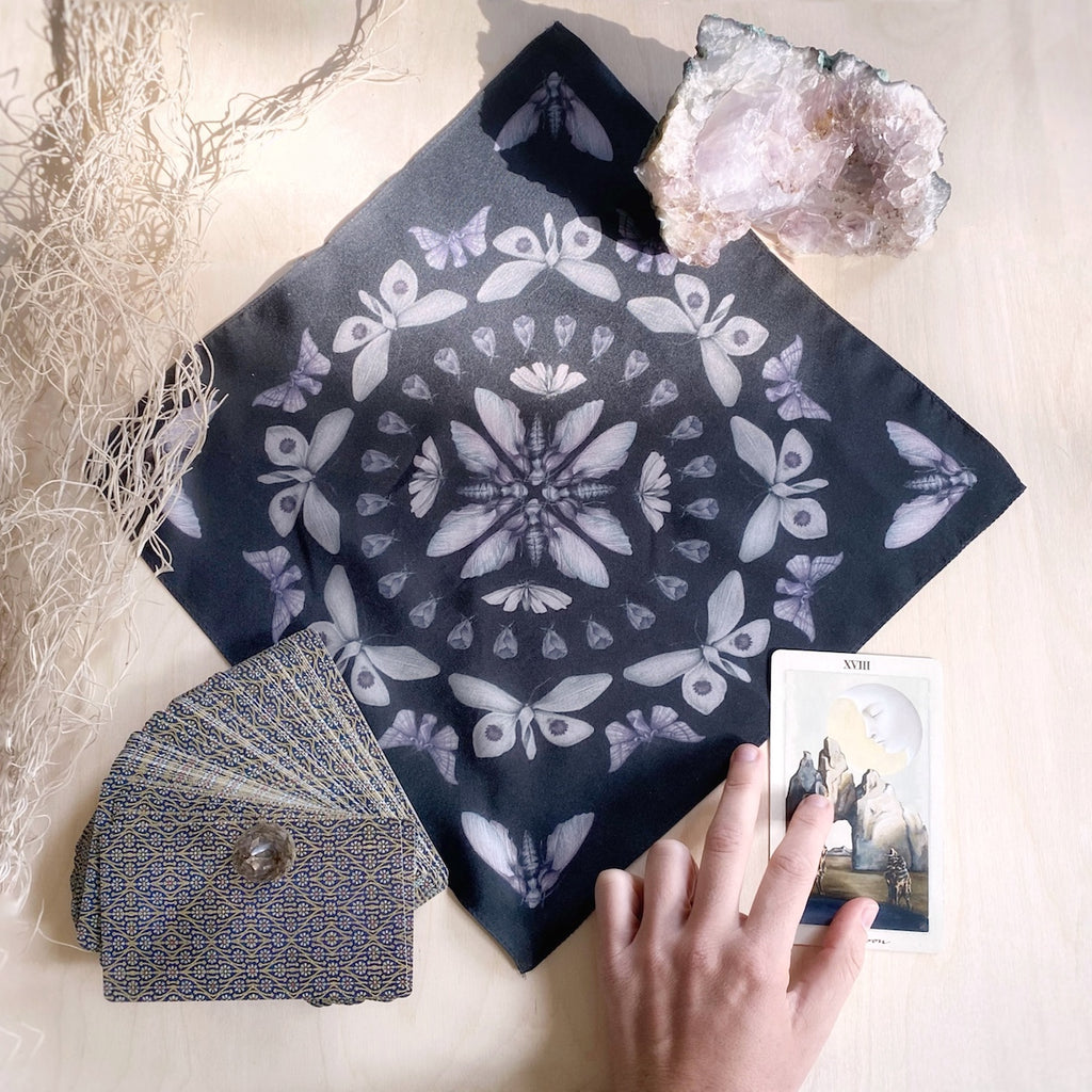 Black silk handkerchief with a circular pattern of purple moths.