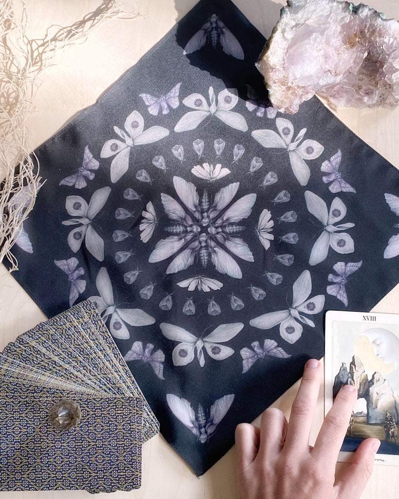 Black silk handkerchief with a circular pattern of purple moths.