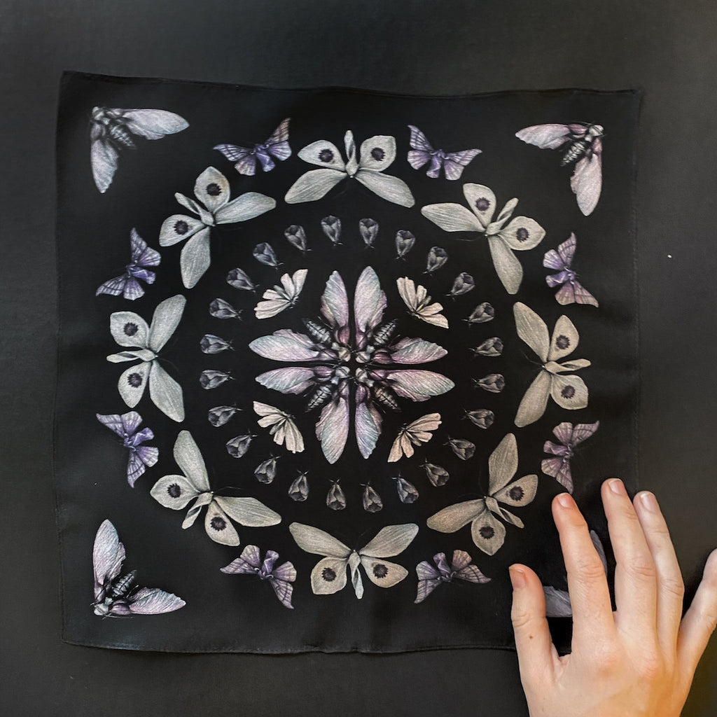 Black silk handkerchief with a circular pattern of purple moths.