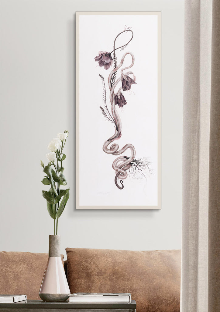 Art print of two multi-headed pink and white snakes intertwined with black parrot tulips.