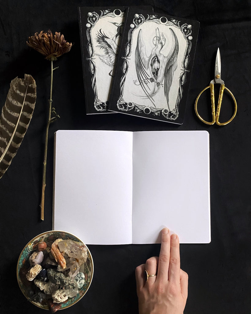 Set of three blank notebooks featuring black and white, tarot-themed illustrations of birds on the cover.