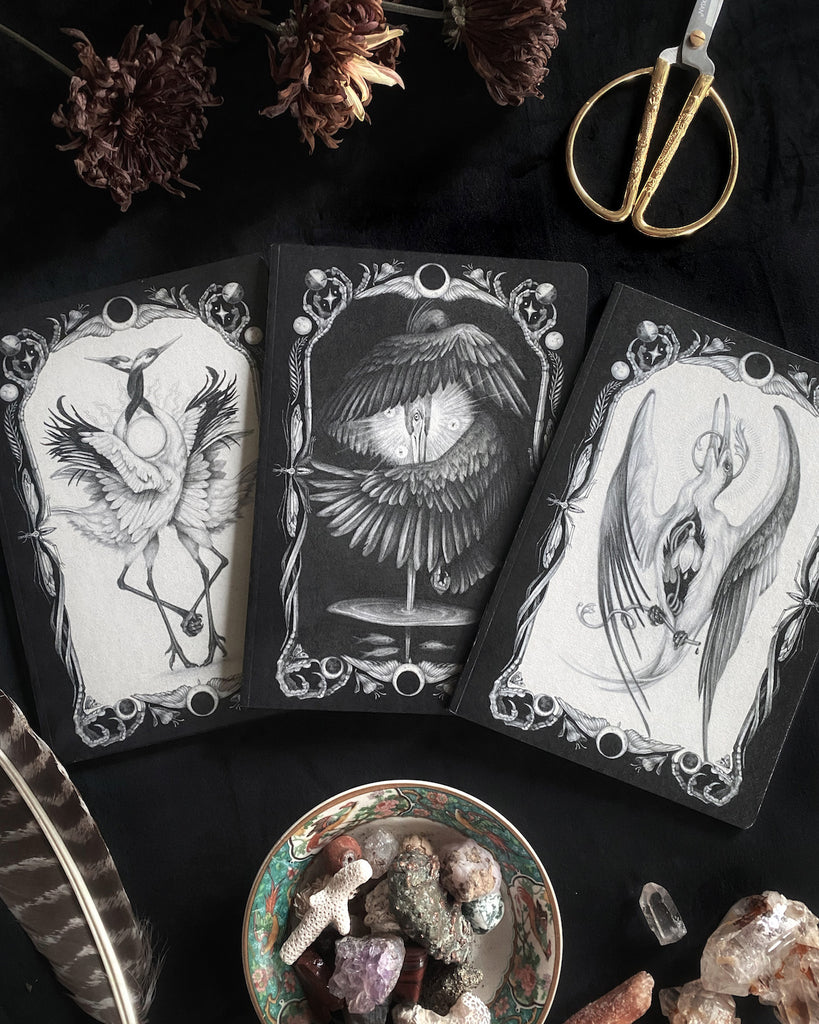 Set of three blank notebooks featuring black and white, tarot-themed illustrations of birds on the cover.