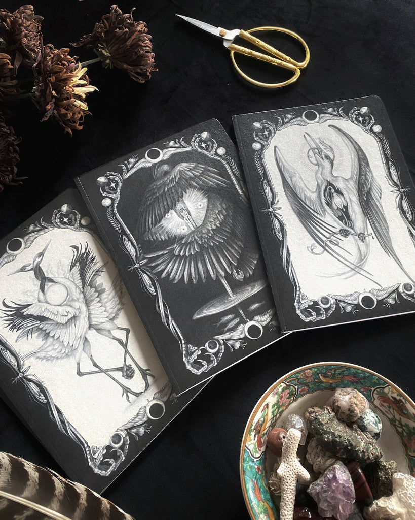 Set of three blank notebooks featuring black and white, tarot-themed illustrations of birds on the cover.