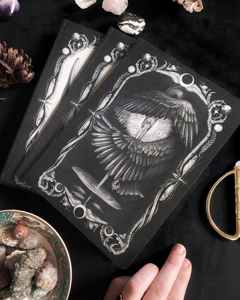 Set of three blank notebooks featuring black and white, tarot-themed illustrations of birds on the cover.