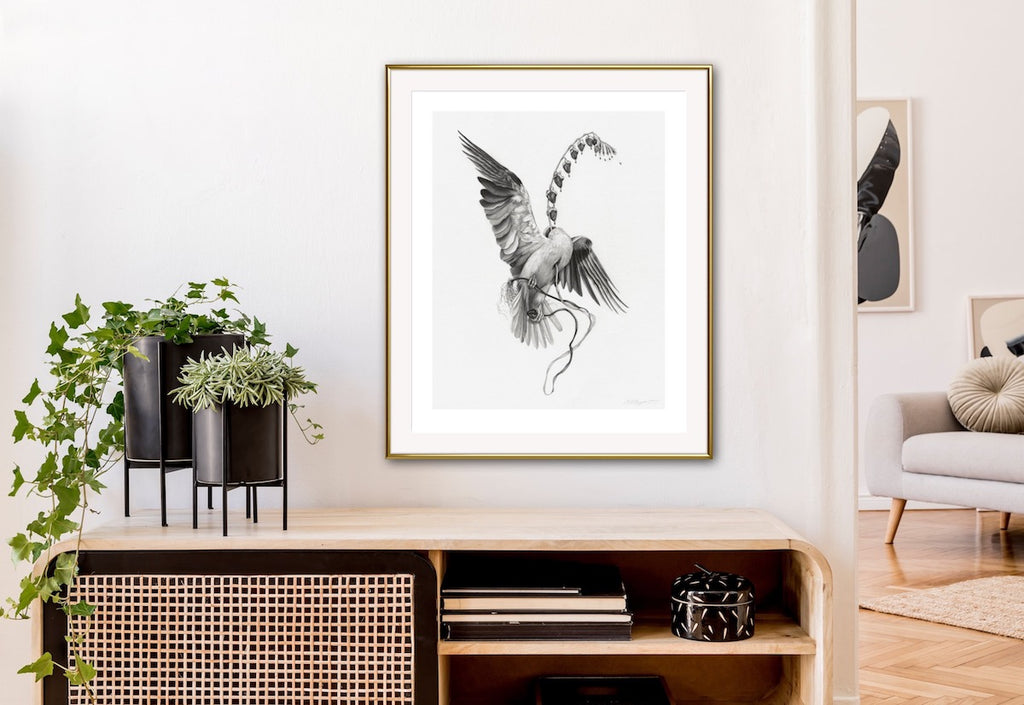 Art print of a graphite drawing of a headless kite bird with a bleeding heart flower growing from its neck.