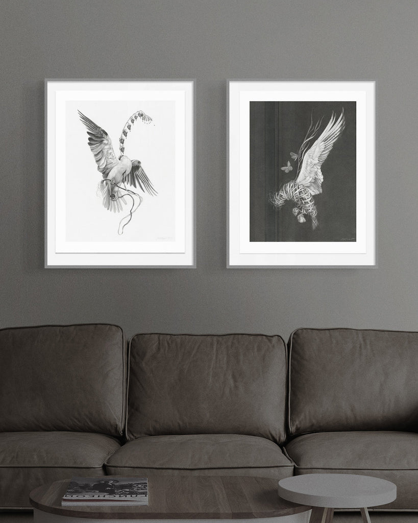 Art print of a graphite drawing of a headless kite bird with a bleeding heart flower growing from its neck.