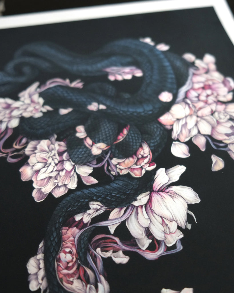 Art print of two black snakes on a bed of pink flower petals with black background.