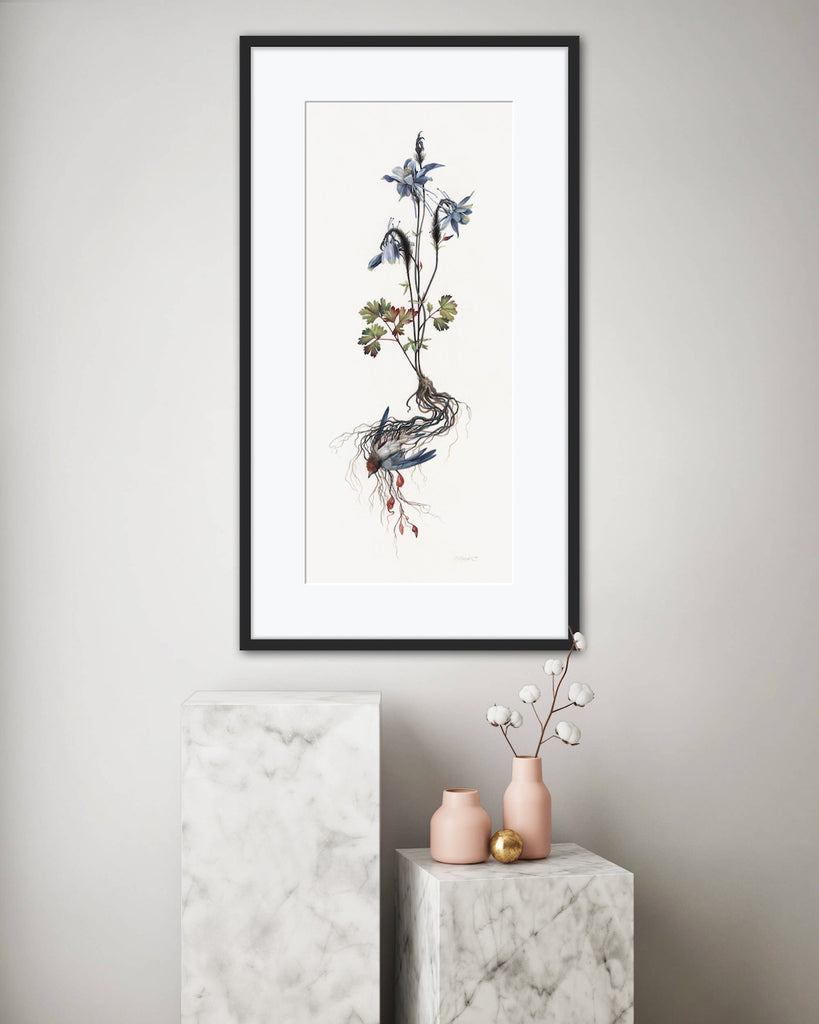 Art print of a dead blue swallow with blue columbine flowers growing from its chest.