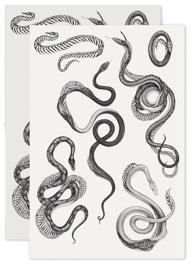 A temporary tattoo sheet of various black and white snakes with skeletons made of ferns.