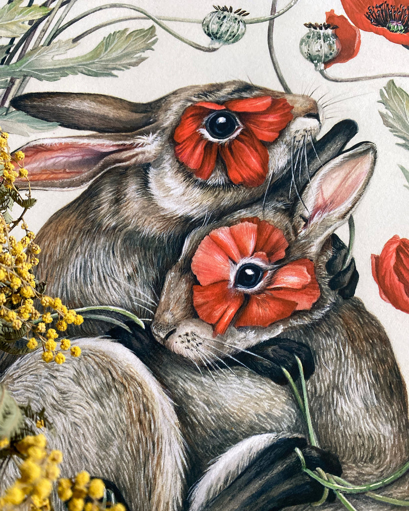 Art print of two brown rabbits embracing, surrounded by red California poppies.