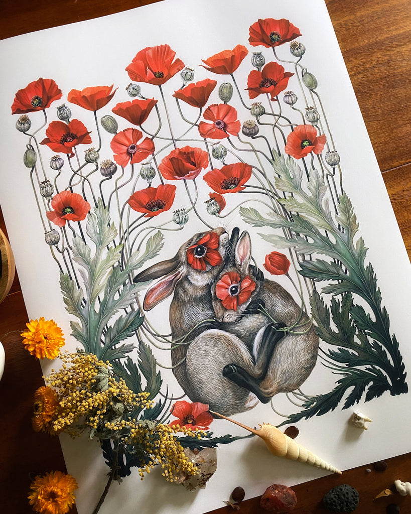 Art print of two brown rabbits embracing, surrounded by red California poppies.