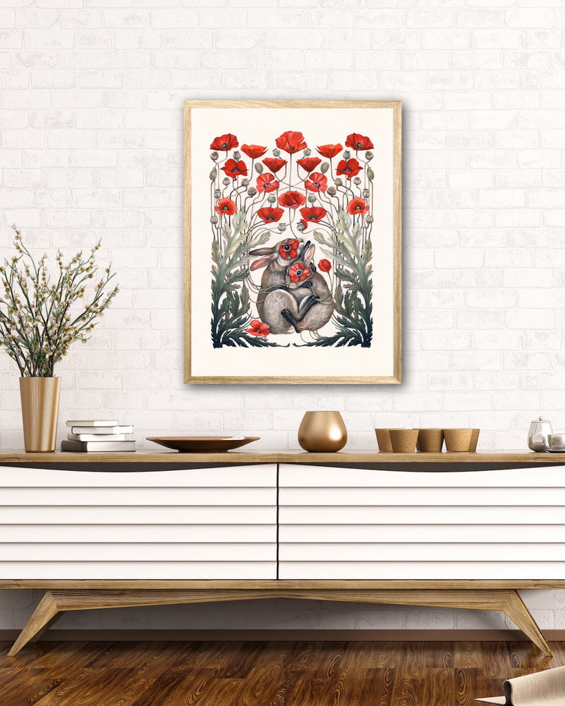 Art print of two brown rabbits embracing, surrounded by red California poppies.