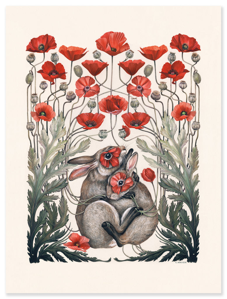 Art print of two brown rabbits embracing, surrounded by red California poppies.