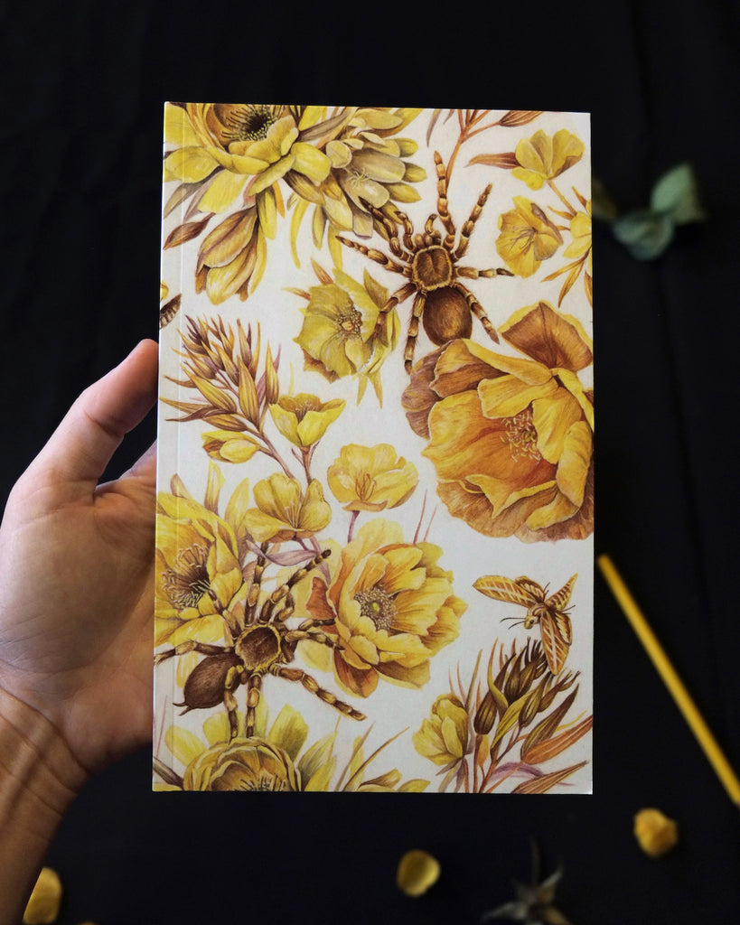 Blank notebook with repeating pattern of yellow flowers and tarantulas.