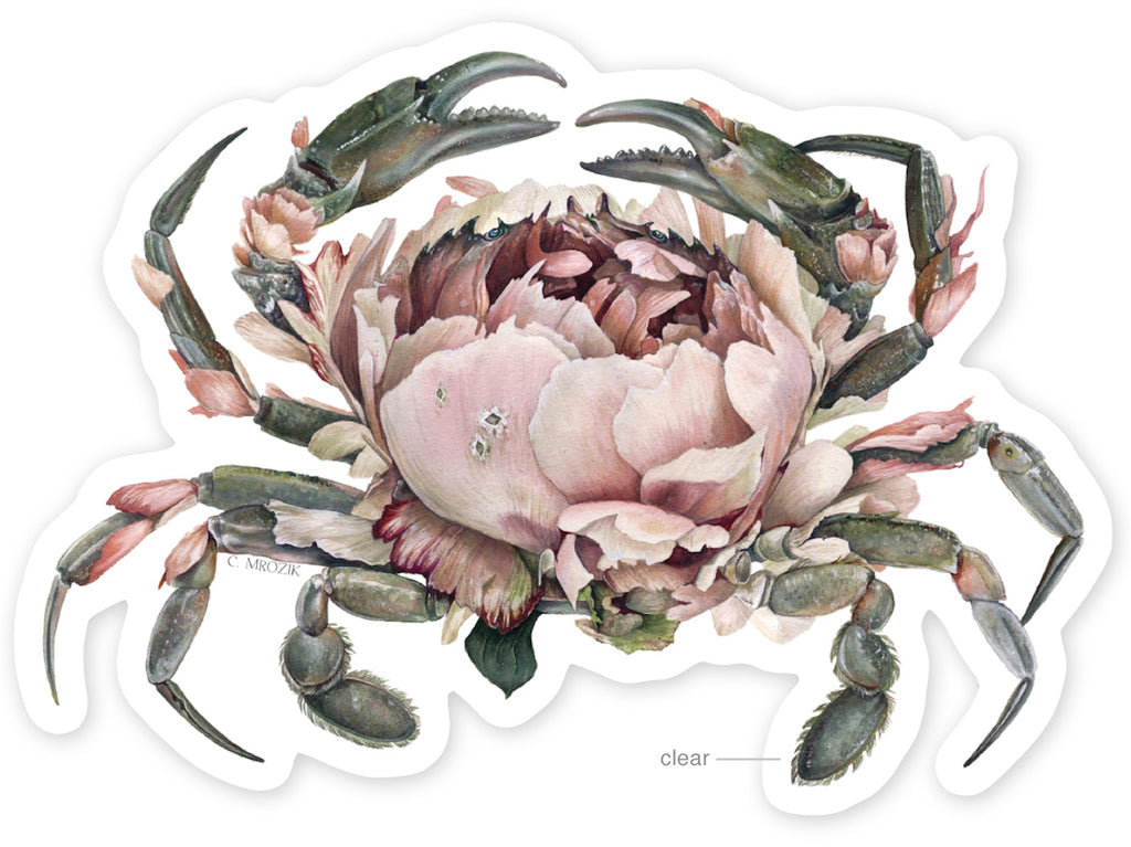 Large clear-backed sticker of a gray crab with a large pink peony for a shell.