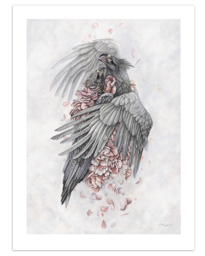 Art print of two gray harpy eagles embracing surrounded by pink peony petals.