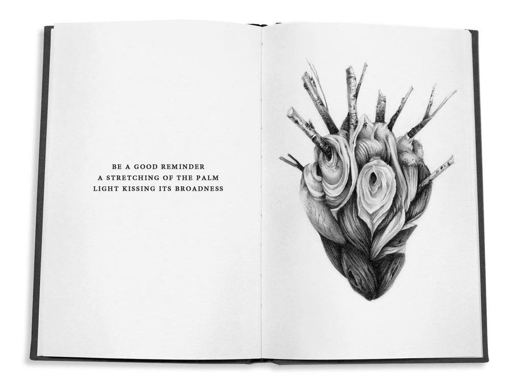 Interior pages of Haunted Bodies book showing poetic text and graphite illustrations.