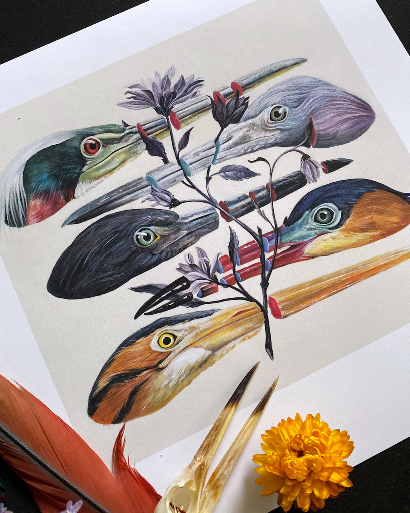 Art print of five colorful heron heads with a stem of purple flowers slicing through the heron beaks.