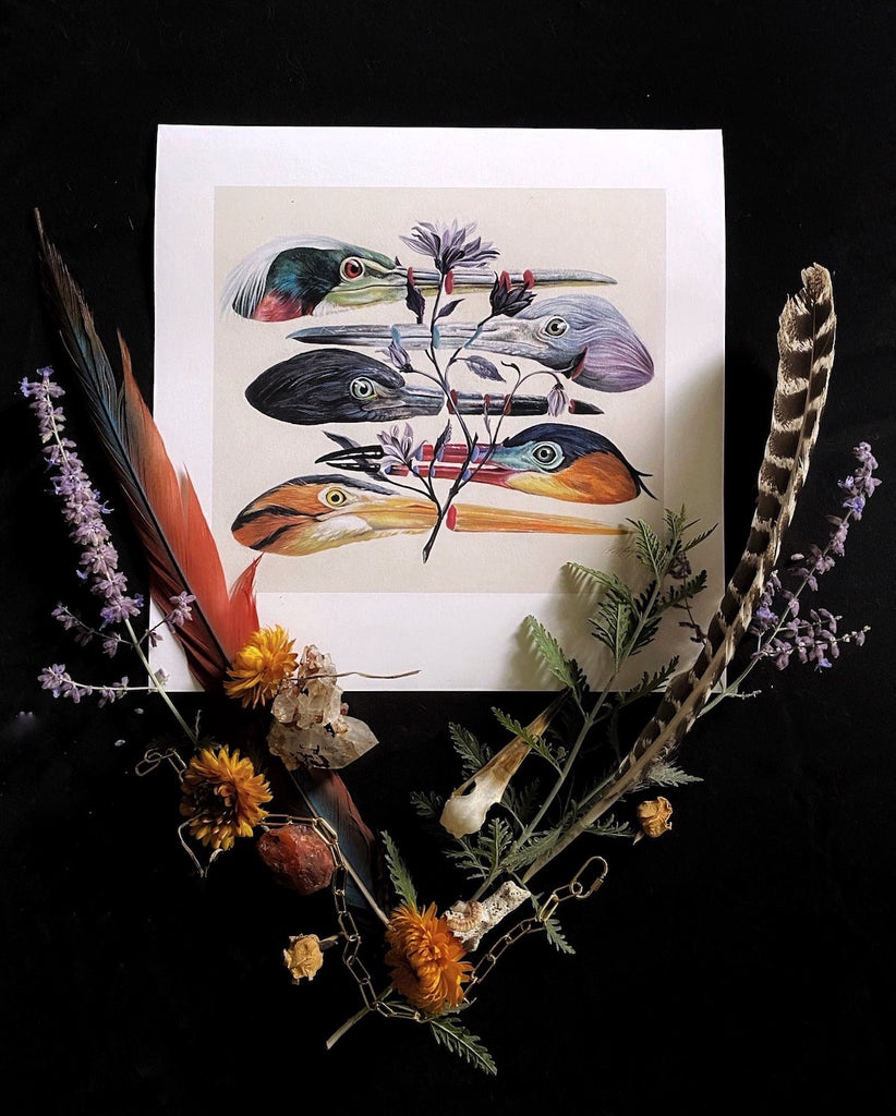 Art print of five colorful heron heads with a stem of purple flowers slicing through the heron beaks.