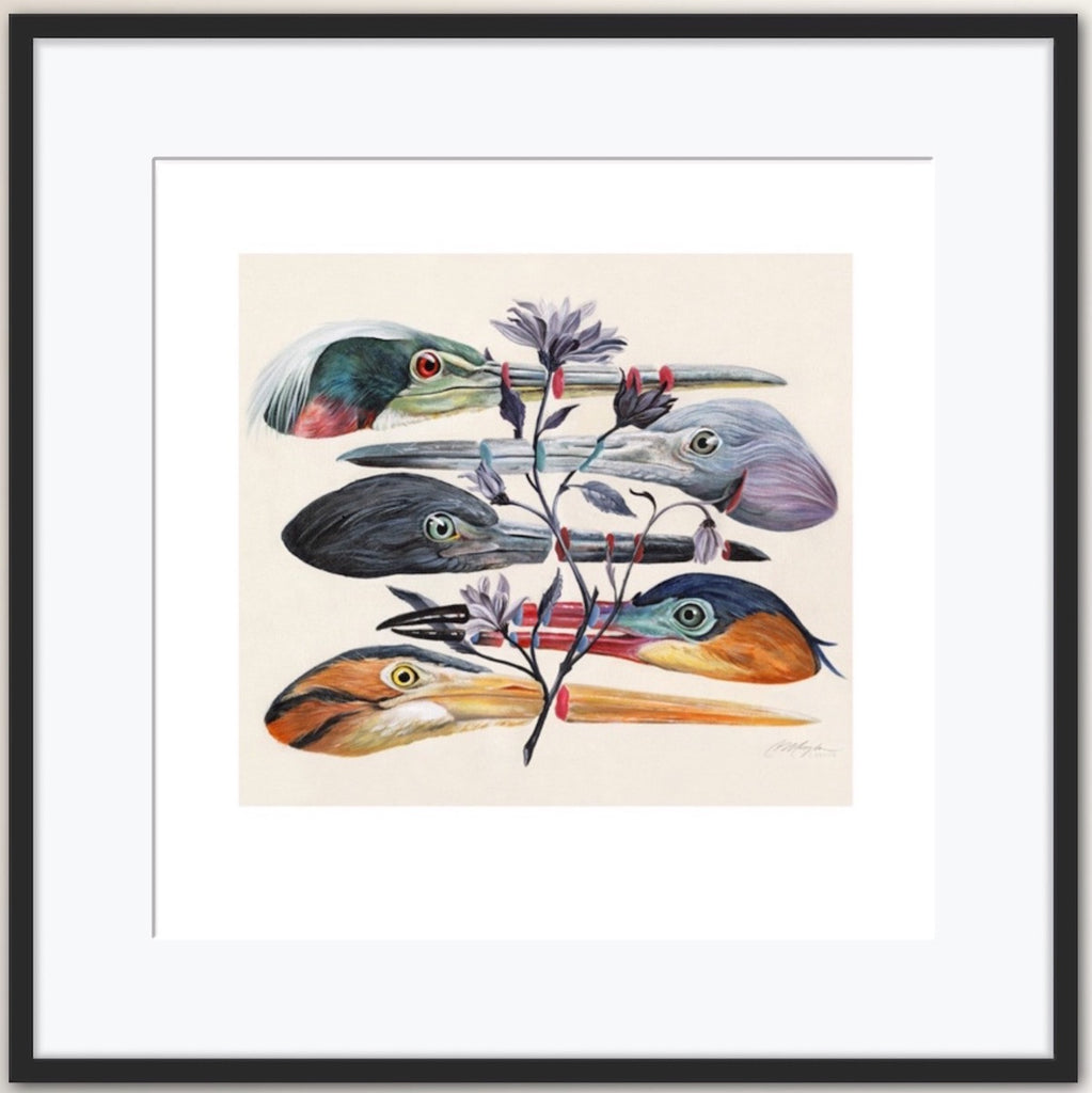 Art print of five colorful heron heads with a stem of purple flowers slicing through the heron beaks.